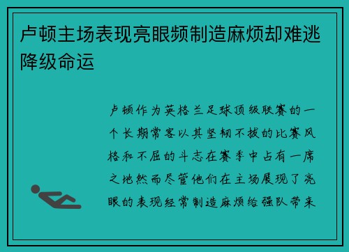 卢顿主场表现亮眼频制造麻烦却难逃降级命运