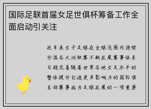 国际足联首届女足世俱杯筹备工作全面启动引关注