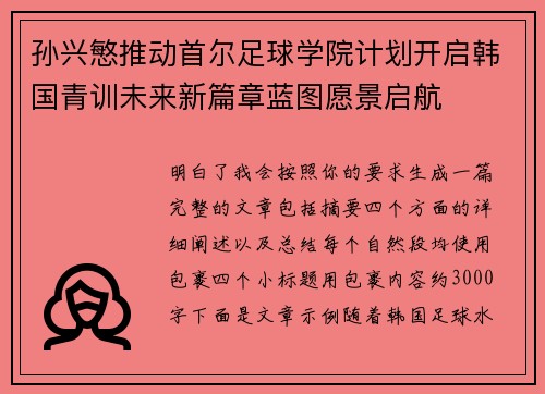 孙兴慜推动首尔足球学院计划开启韩国青训未来新篇章蓝图愿景启航